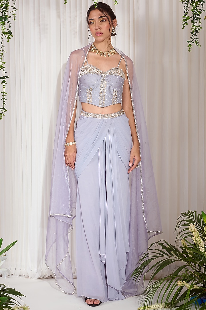 Dull Lilac Silk Pearl Hand Embroidered Draped Skirt Set by Nidhika Shekhar at Pernia's Pop Up Shop