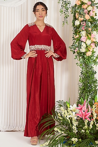 Red Hand Embroidered Jumpsuit by Nidhika Shekhar