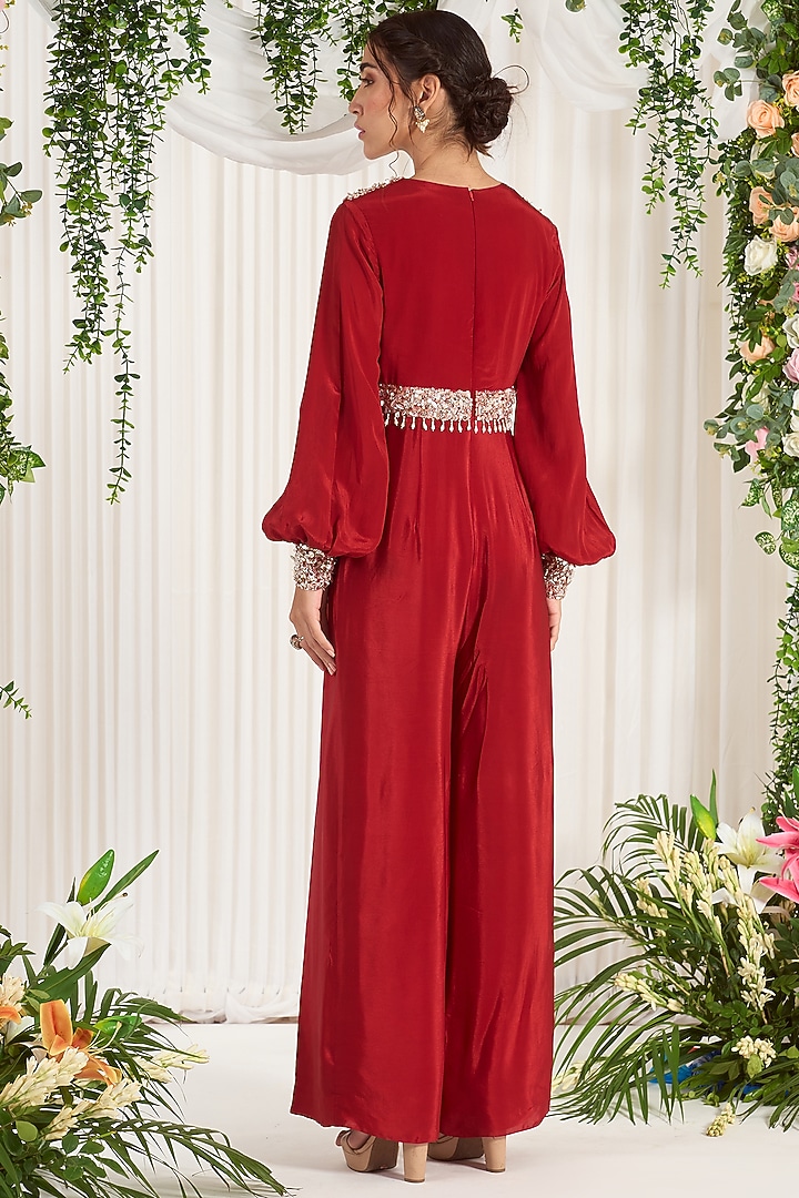 Red Hand Embroidered Jumpsuit by Nidhika Shekhar at Pernia's Pop Up Shop
