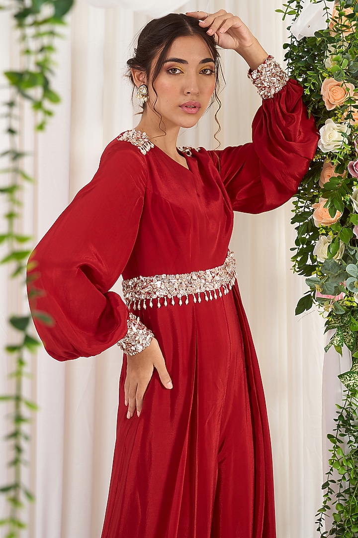 Red Hand Embroidered Jumpsuit by Nidhika Shekhar at Pernia's Pop Up Shop