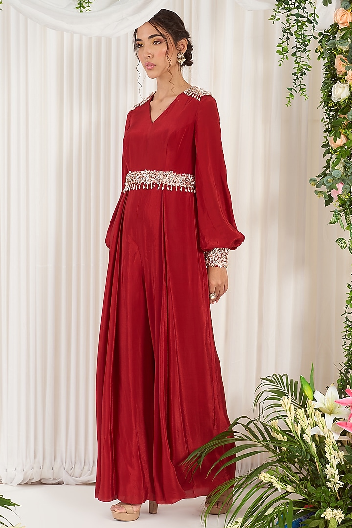 Red Hand Embroidered Jumpsuit by Nidhika Shekhar at Pernia's Pop Up Shop