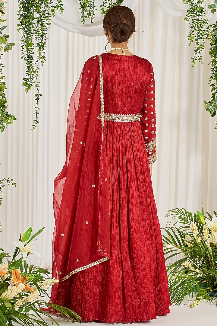 Red Hand Embroidered Wedding Anarkali by Nidhika Shekhar at Pernia's Pop Up Shop