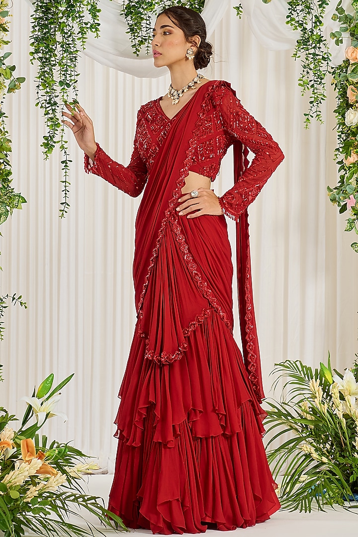 Red Georgette Sequins Hand Embroidered Draped Saree Set by Nidhika Shekhar