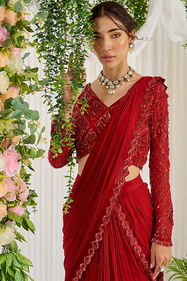 Red Georgette Sequins Hand Embroidered Draped Wedding Saree Set by Nidhika Shekhar at Pernia's Pop Up Shop
