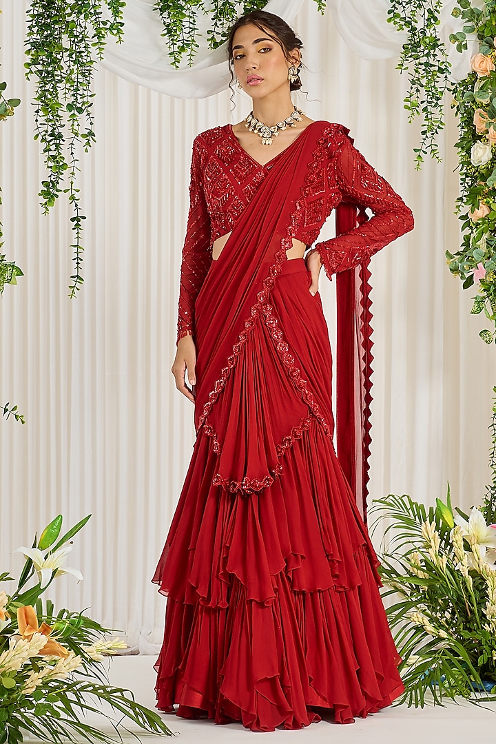 Red Georgette Sequins Hand Embroidered Draped Wedding Saree Set by Nidhika Shekhar at Pernia's Pop Up Shop