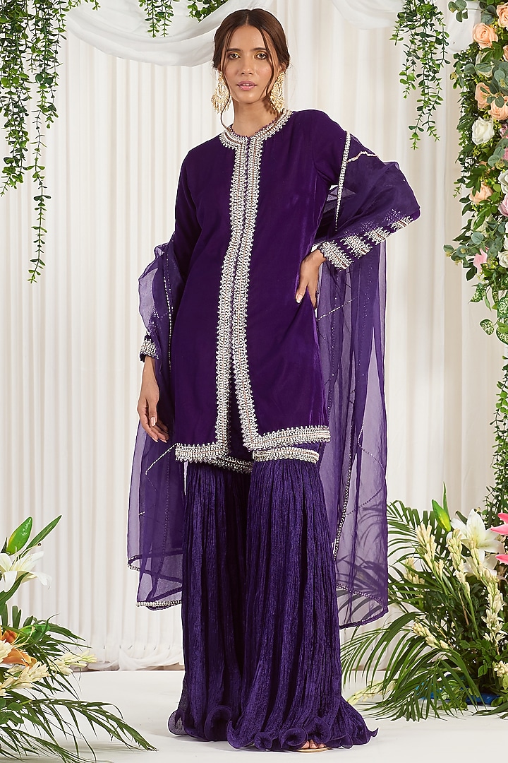 Purple Crinkle Silk Wedding Sharara Set by Nidhika Shekhar at Pernia's Pop Up Shop