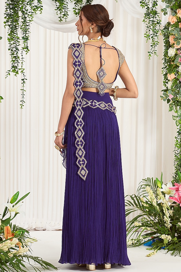 Purple Hand Embroidered Pre-Draped Wedding Saree Set by Nidhika Shekhar at Pernia's Pop Up Shop