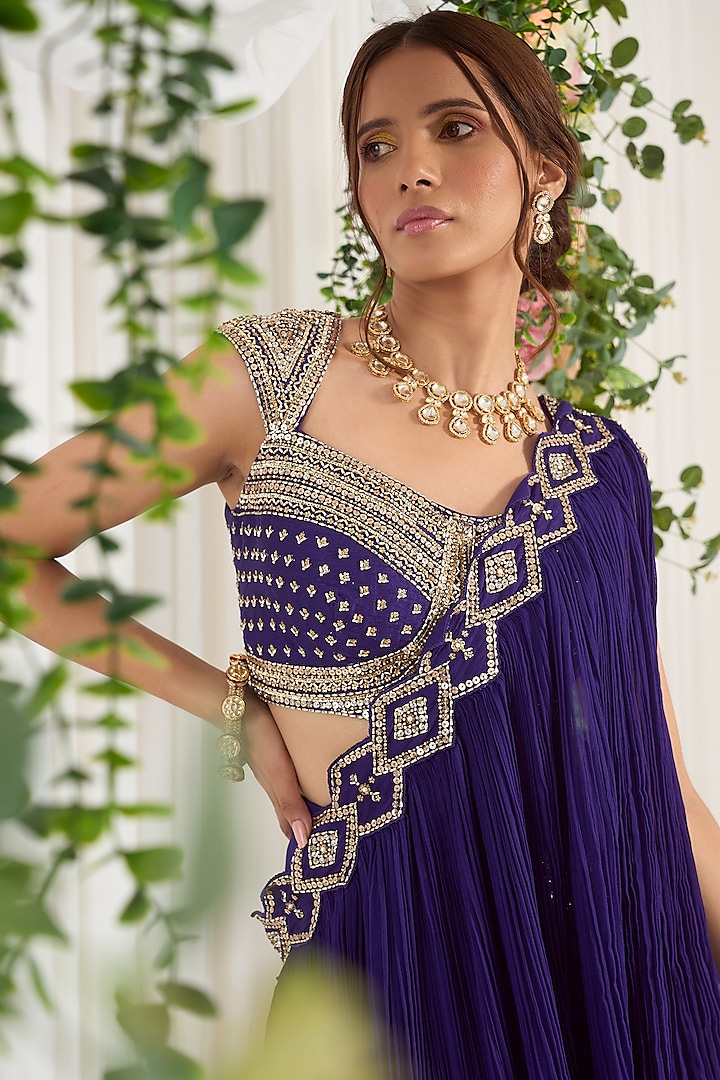 Purple Hand Embroidered Pre-Draped Wedding Saree Set by Nidhika Shekhar at Pernia's Pop Up Shop