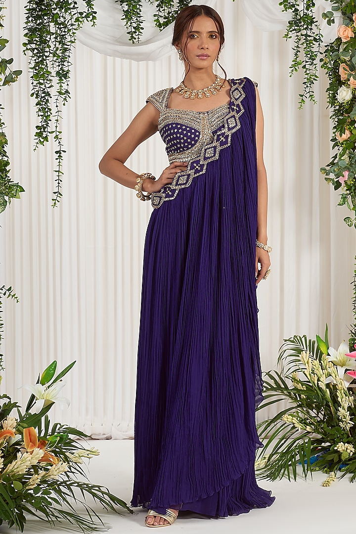Purple Hand Embroidered Pre-Draped Wedding Saree Set by Nidhika Shekhar at Pernia's Pop Up Shop