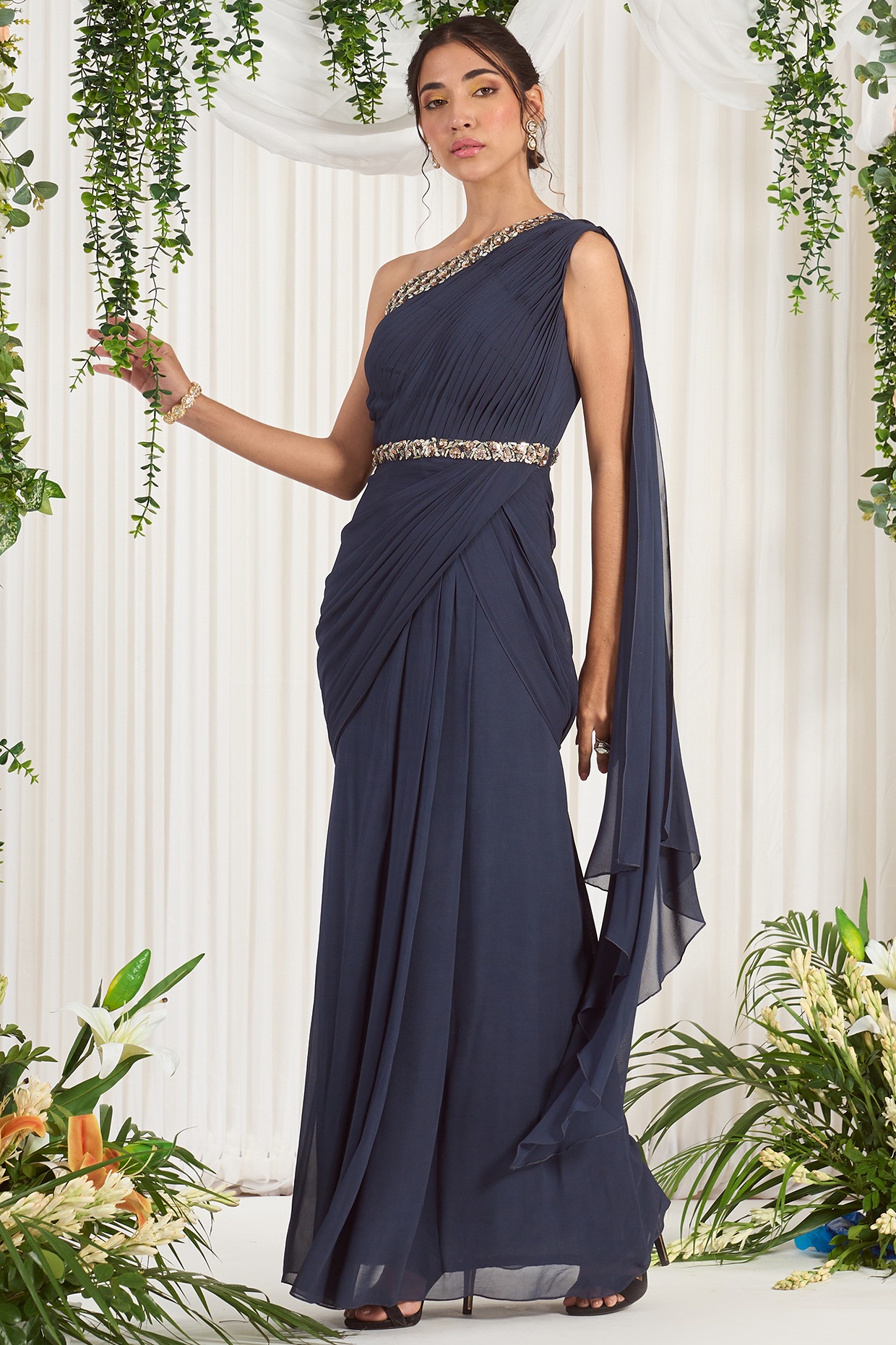 Charcoal Grey Hand Embroidered One-Shoulder Saree Gown Design by 