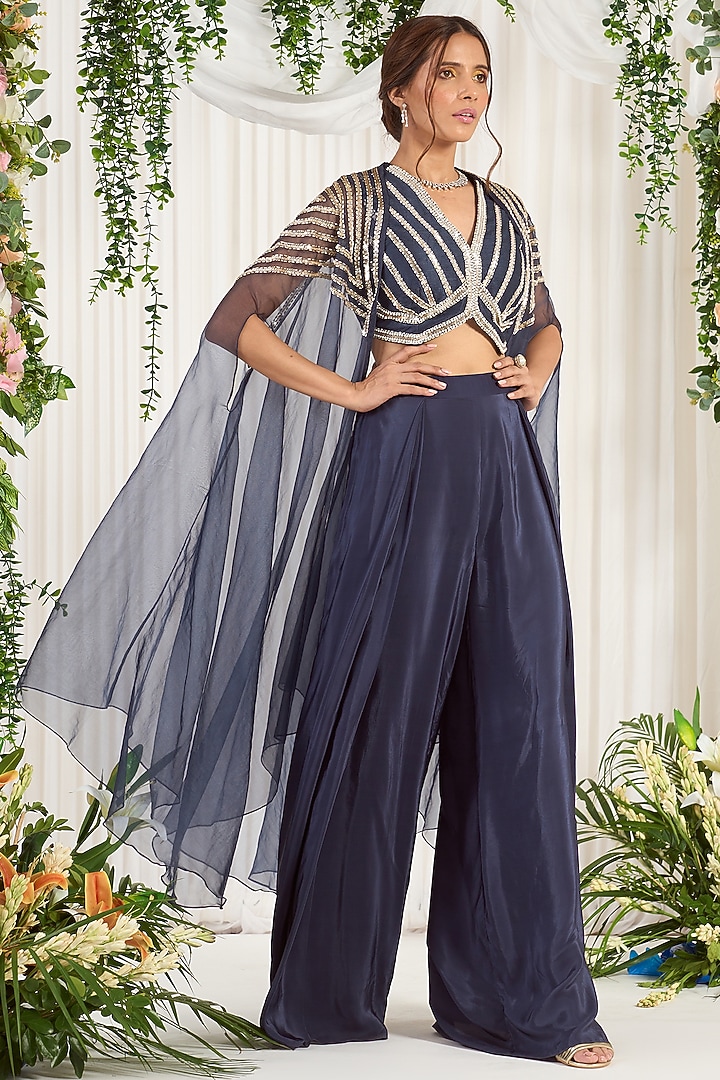Charcoal Grey Crepe Palazzo Pant Set by Nidhika Shekhar at Pernia's Pop Up Shop