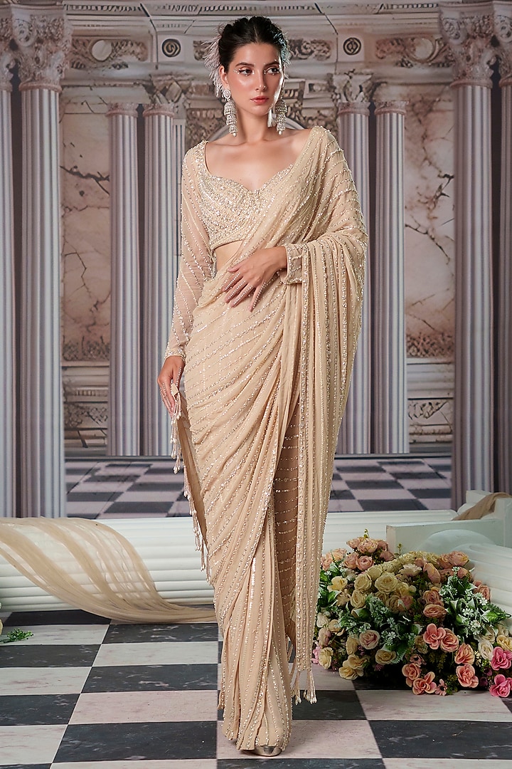 Champagne Foil Georgette Embroidered Draped Saree Set by Nidhika Shekhar