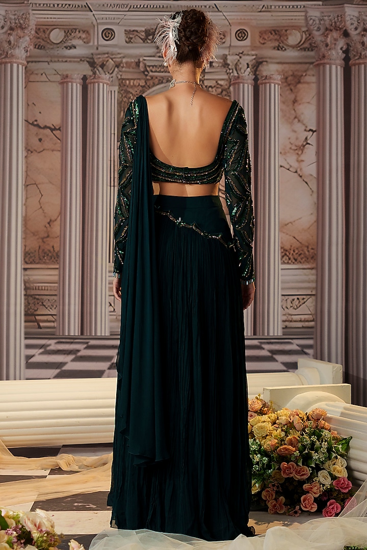 Bottle Green Georgette Embroidered Pre-Draped Wedding Saree Set by Nidhika Shekhar at Pernia's Pop Up Shop
