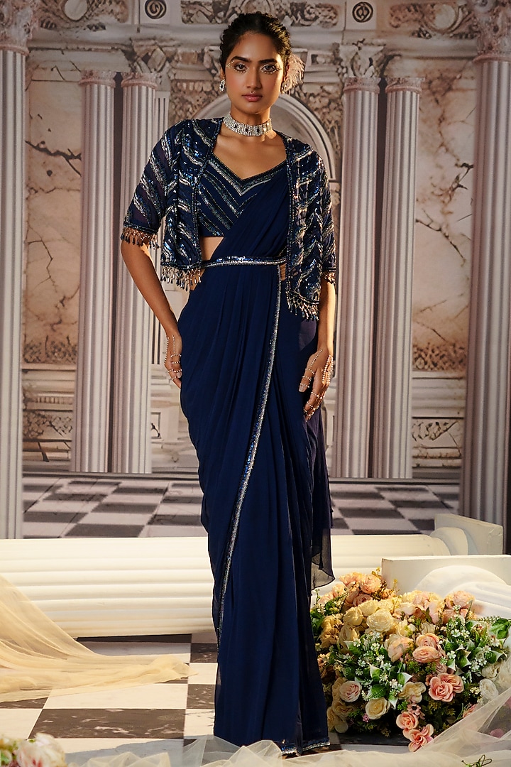 Blue Organza & Crepe Embroidered Draped Jacket Saree Set by Nidhika Shekhar