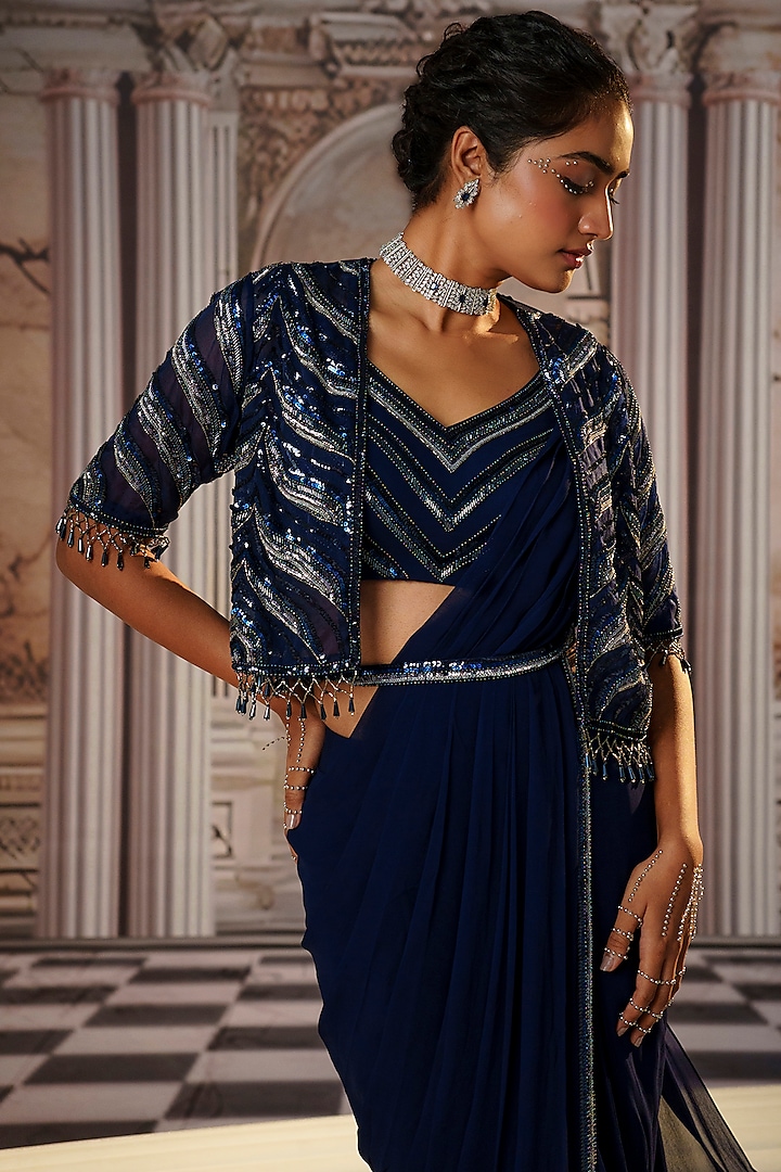 Blue Organza & Crepe Embroidered Draped Jacket Wedding Saree Set by Nidhika Shekhar at Pernia's Pop Up Shop