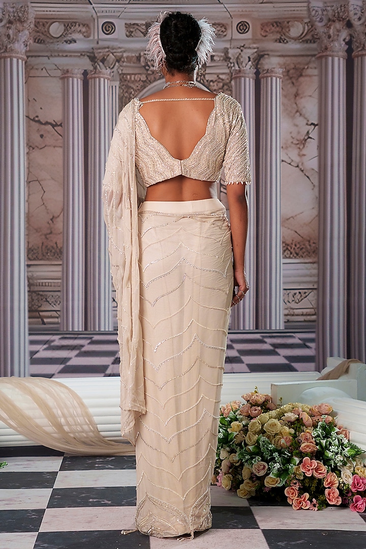 Champagne Foil Georgette Embroidered Draped Wedding Saree Set by Nidhika Shekhar at Pernia's Pop Up Shop