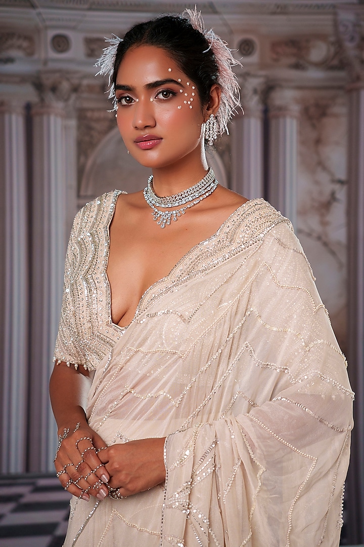 Champagne Foil Georgette Embroidered Draped Wedding Saree Set by Nidhika Shekhar at Pernia's Pop Up Shop