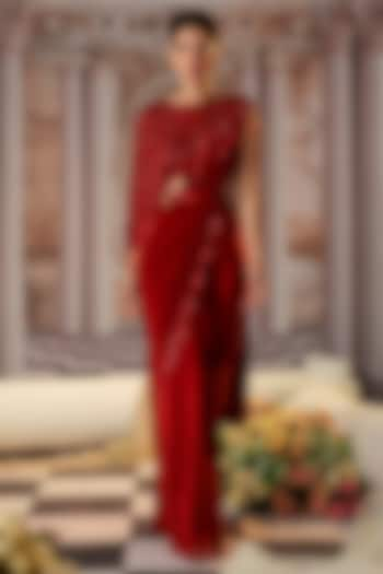 Red Crepe Embroidered Draped Jacket Saree Set by Nidhika Shekhar