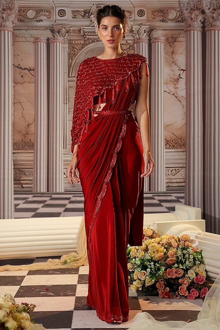 Red Crepe Embroidered Draped Jacket Saree Set by Nidhika Shekhar