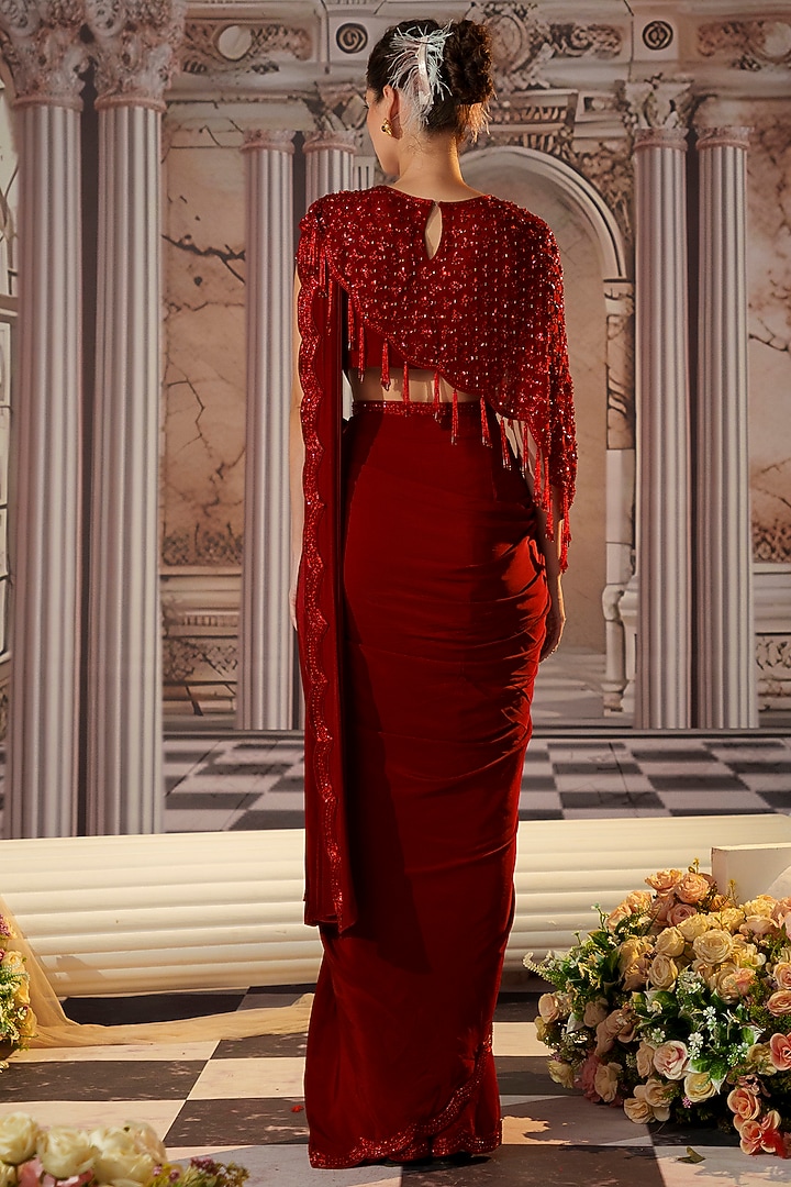 Red Crepe Embroidered Draped Jacket Wedding Saree Set by Nidhika Shekhar at Pernia's Pop Up Shop