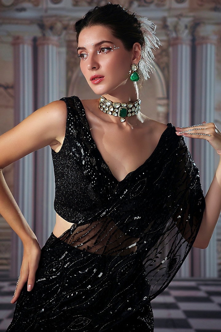 Black Crinkle & Organza Embroidered Draped Wedding Saree Set by Nidhika Shekhar at Pernia's Pop Up Shop