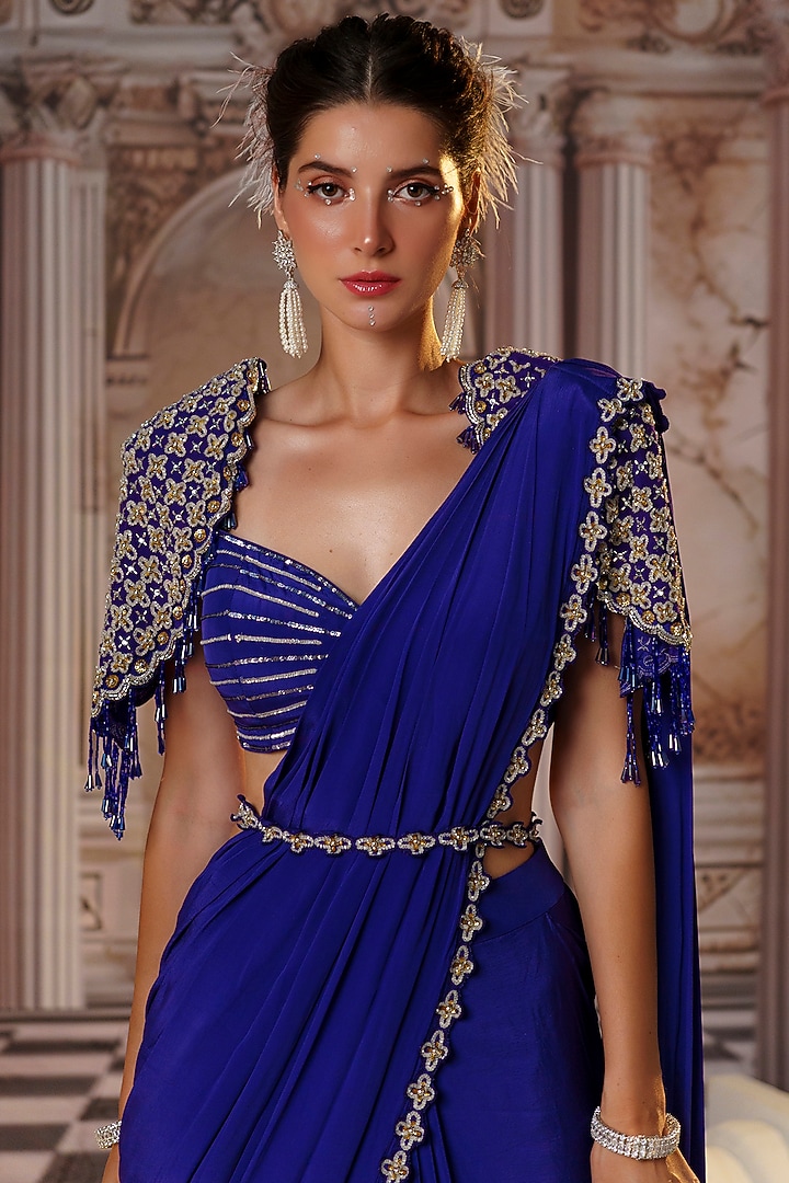 Purple Crepe & Net Embroidered Wedding Saree Set by Nidhika Shekhar at Pernia's Pop Up Shop