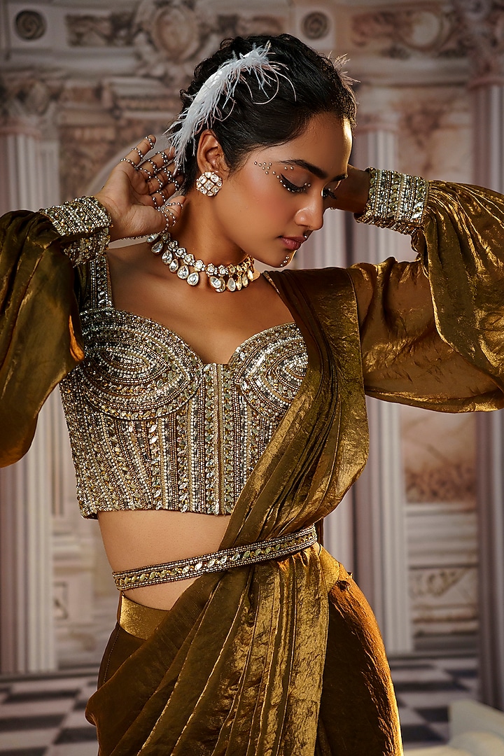 Copper Fendi Organza Embroidered Saree Set by Nidhika Shekhar at