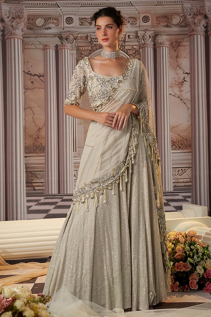 Grey Sequins Fabric & Georgette Embroidered Skirt Draped Saree Set by Nidhika Shekhar at Pernia's Pop Up Shop