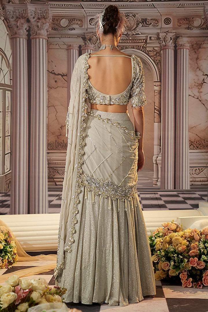 Grey Sequins Fabric & Georgette Embroidered Skirt Draped Wedding Saree Set by Nidhika Shekhar at Pernia's Pop Up Shop