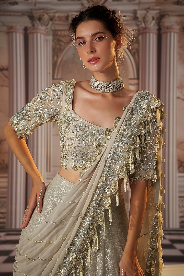 Grey Sequins Fabric & Georgette Embroidered Skirt Draped Wedding Saree Set by Nidhika Shekhar at Pernia's Pop Up Shop