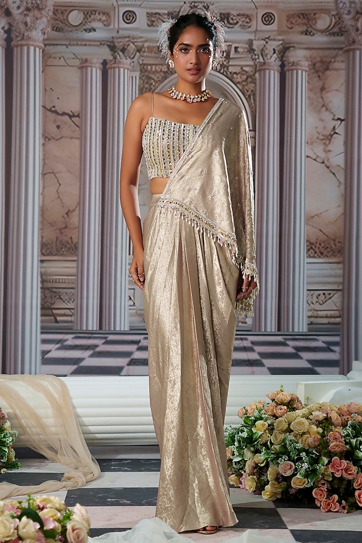 Gold Organza Georgette Velvet Embroidered Draped Skirt Saree Set by Nidhika Shekhar at Pernia s Pop Up Shop 2024