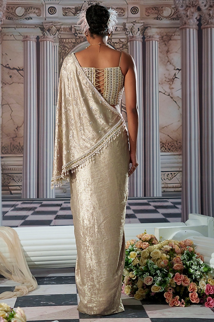 Gold Organza Georgette Velvet Embroidered Draped Skirt Wedding Saree Set by Nidhika Shekhar at Pernia's Pop Up Shop