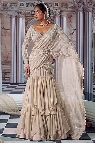 Nude Organza & Net Embroidered Saree Set by Nidhika Shekhar