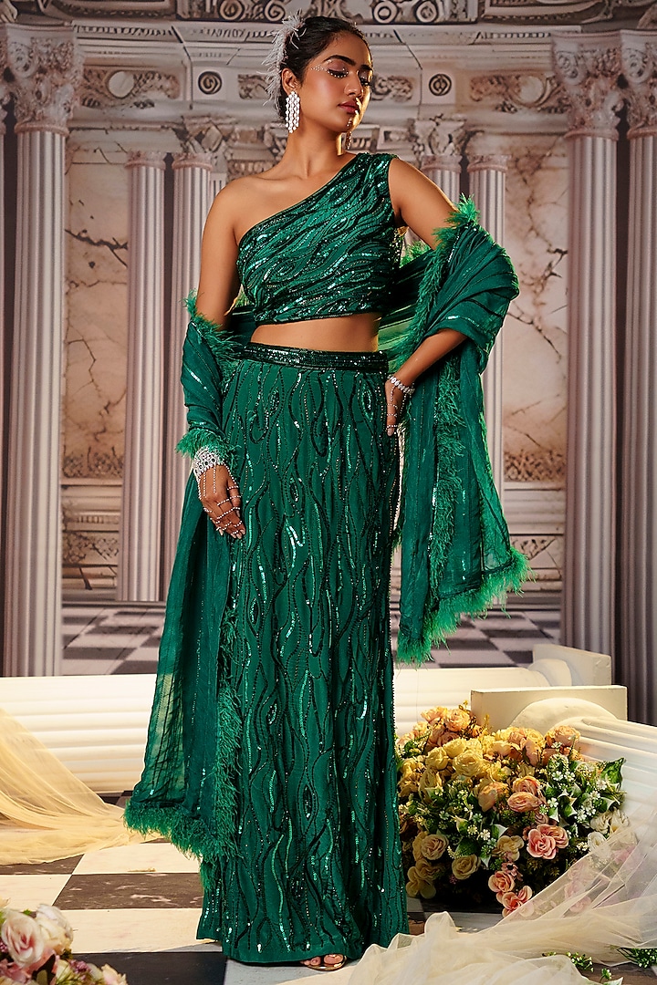 Bottle Green Crepe Embroidered Wedding Lehenga Set by Nidhika Shekhar at Pernia's Pop Up Shop