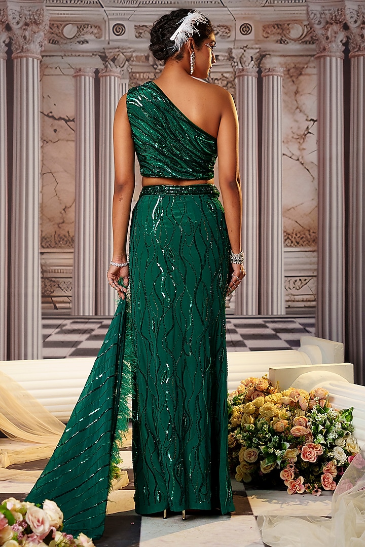 Bottle Green Crepe Embroidered Wedding Lehenga Set by Nidhika Shekhar at Pernia's Pop Up Shop