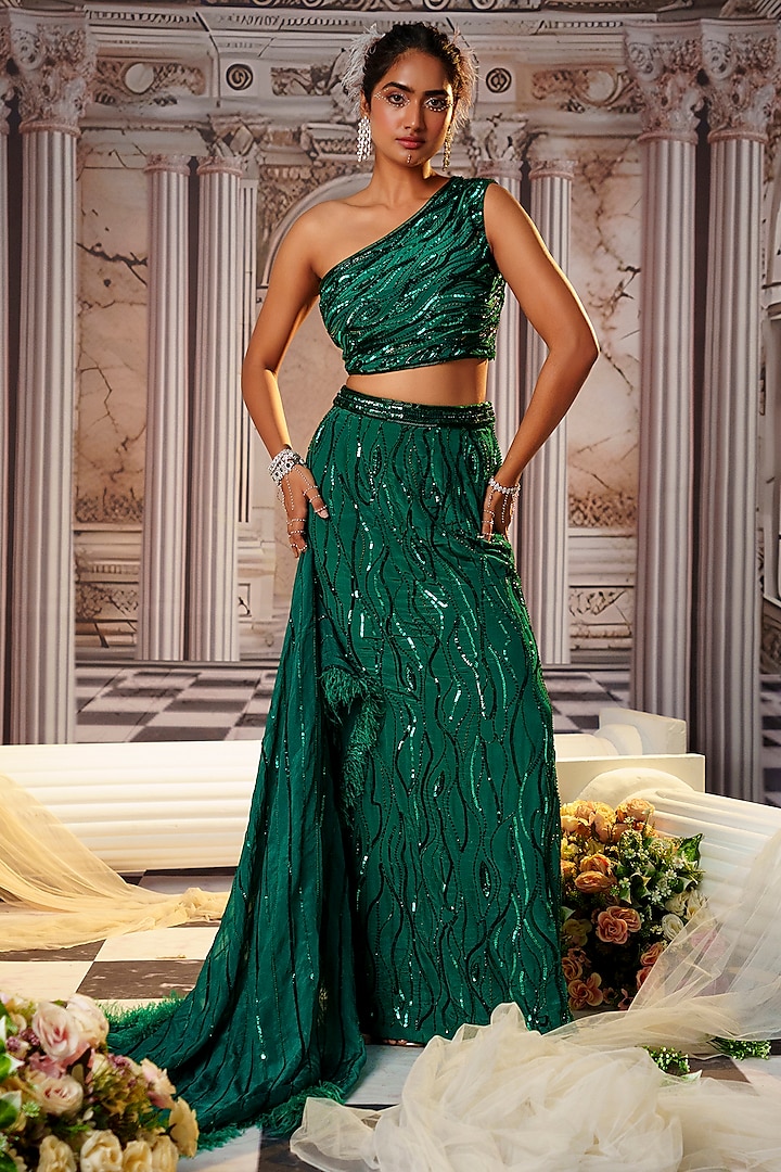 Bottle Green Crepe Embroidered Wedding Lehenga Set by Nidhika Shekhar at Pernia's Pop Up Shop
