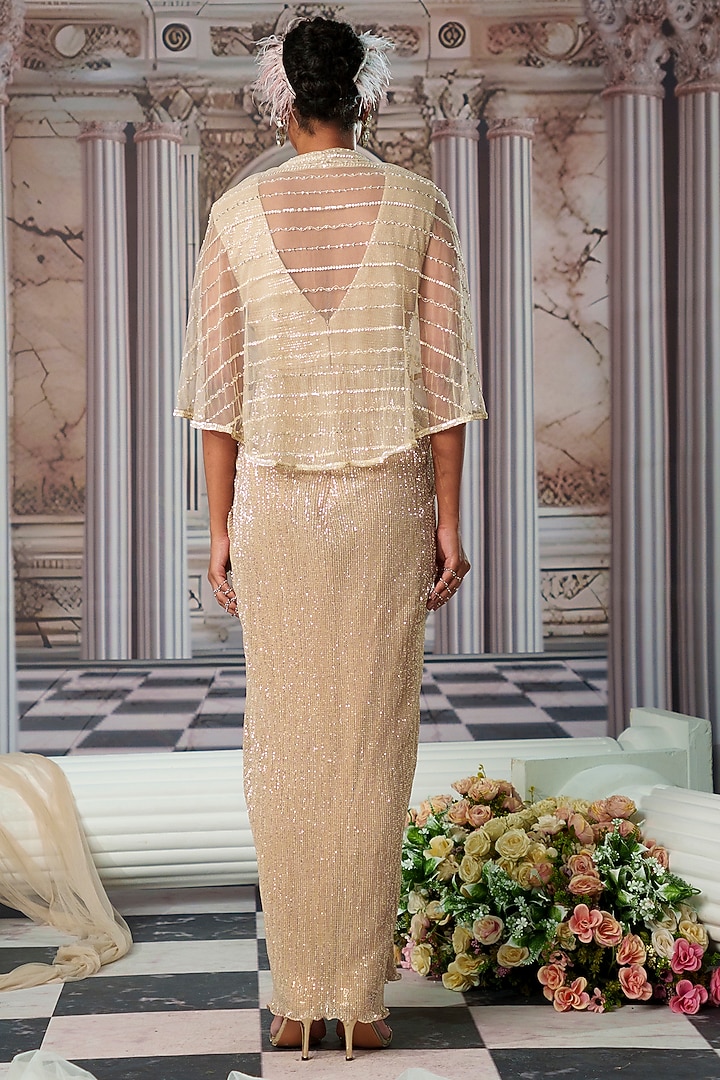 Champagne Shimmer Fabric & Net Embroidered Draped Engagement Gown by Nidhika Shekhar at Pernia's Pop Up Shop