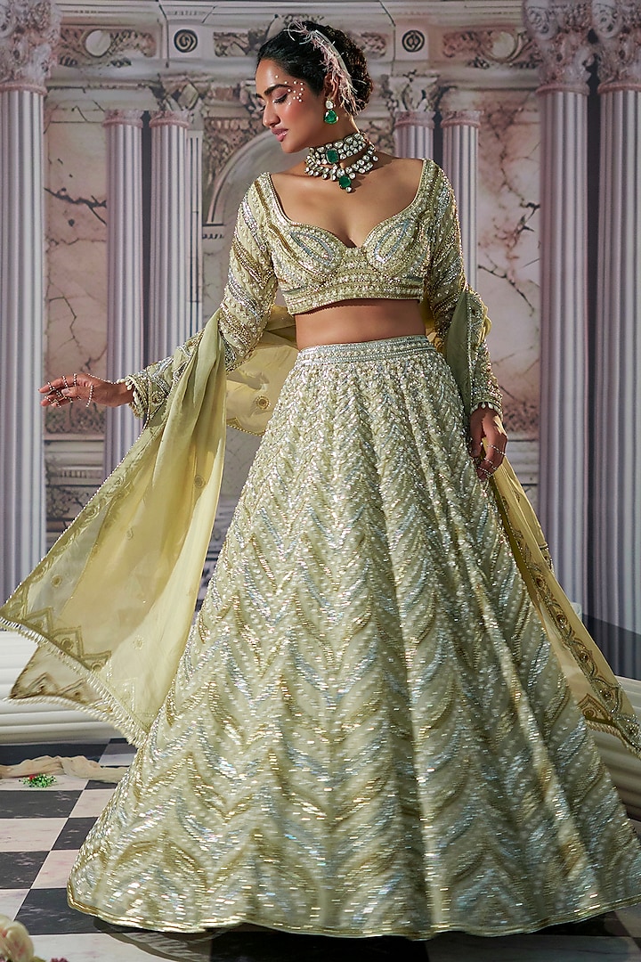 Golden Silk & Organza Sequins Embroidered Bridal Lehenga Set by Nidhika Shekhar at Pernia's Pop Up Shop