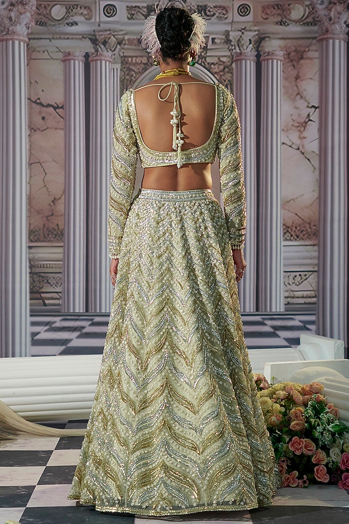Golden Silk & Organza Sequins Embroidered Bridal Lehenga Set by Nidhika Shekhar at Pernia's Pop Up Shop