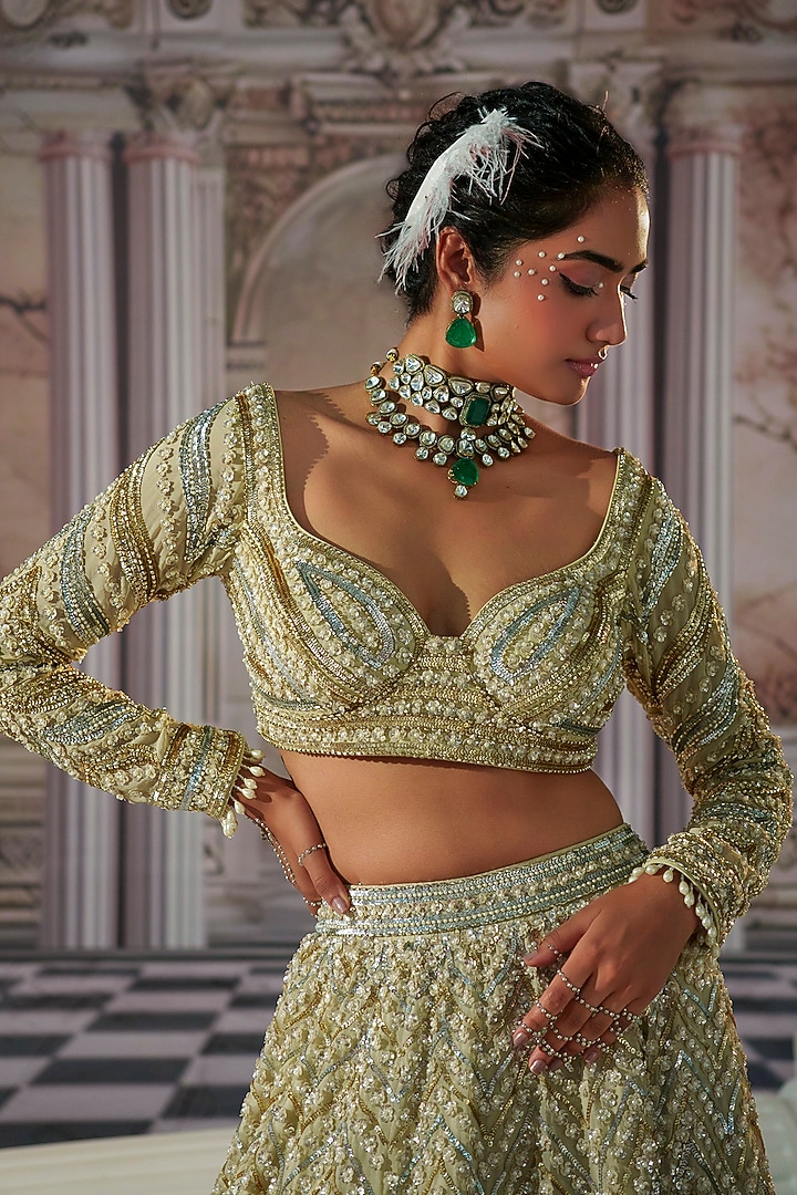 Golden Silk & Organza Sequins Embroidered Bridal Lehenga Set by Nidhika Shekhar at Pernia's Pop Up Shop