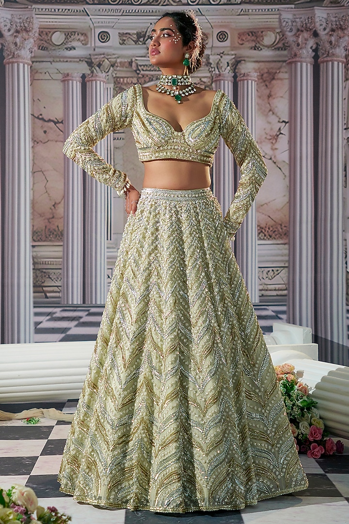 Golden Silk & Organza Sequins Embroidered Bridal Lehenga Set by Nidhika Shekhar at Pernia's Pop Up Shop