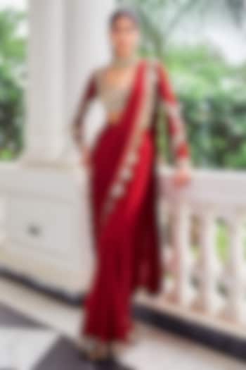 Red Silk & Crepe Sequins Embroidered Pre-Draped Wedding Saree Set by Nidhika Shekhar at Pernia's Pop Up Shop