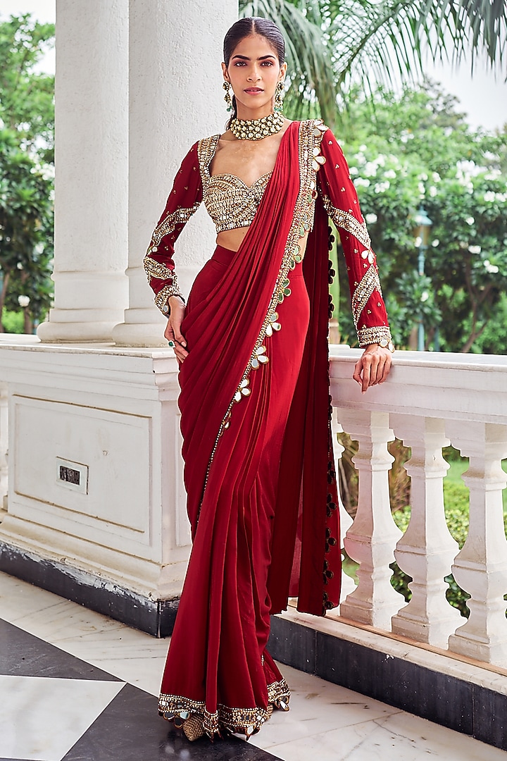Red Silk & Crepe Sequins Embroidered Pre-Draped Wedding Saree Set by Nidhika Shekhar at Pernia's Pop Up Shop