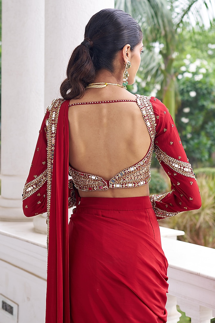 Red Silk & Crepe Sequins Embroidered Pre-Draped Wedding Saree Set by Nidhika Shekhar at Pernia's Pop Up Shop