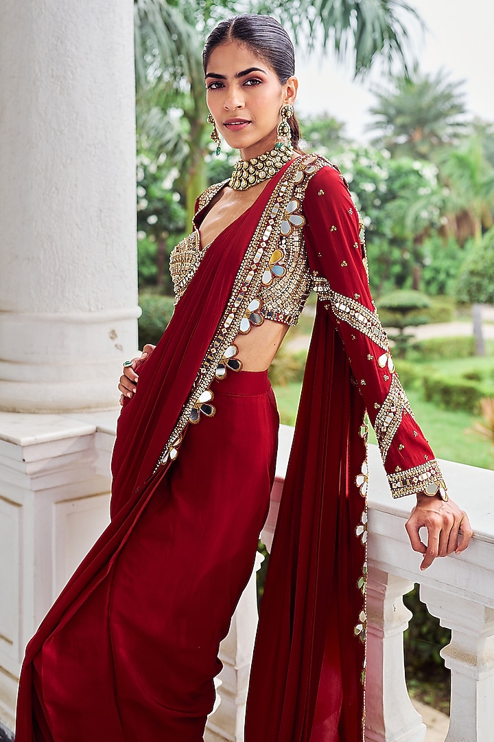 Red Silk & Crepe Sequins Embroidered Pre-Draped Wedding Saree Set by Nidhika Shekhar at Pernia's Pop Up Shop