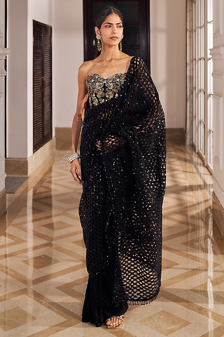 Black Silk & Lycra Wedding Saree Set by Nidhika Shekhar at Pernia's Pop Up Shop