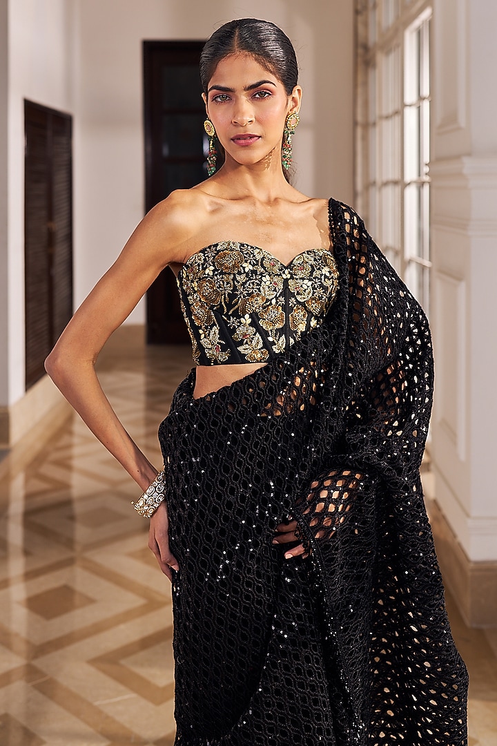 Black Silk & Lycra Wedding Saree Set by Nidhika Shekhar at Pernia's Pop Up Shop