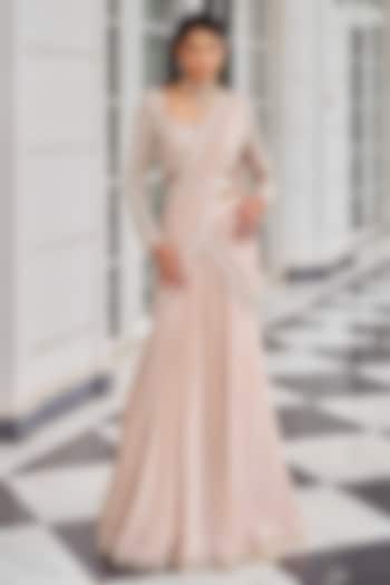 Rose Pink Chiffon Pearl Embroidered Draped Wedding Lehenga Saree Set by Nidhika Shekhar at Pernia's Pop Up Shop