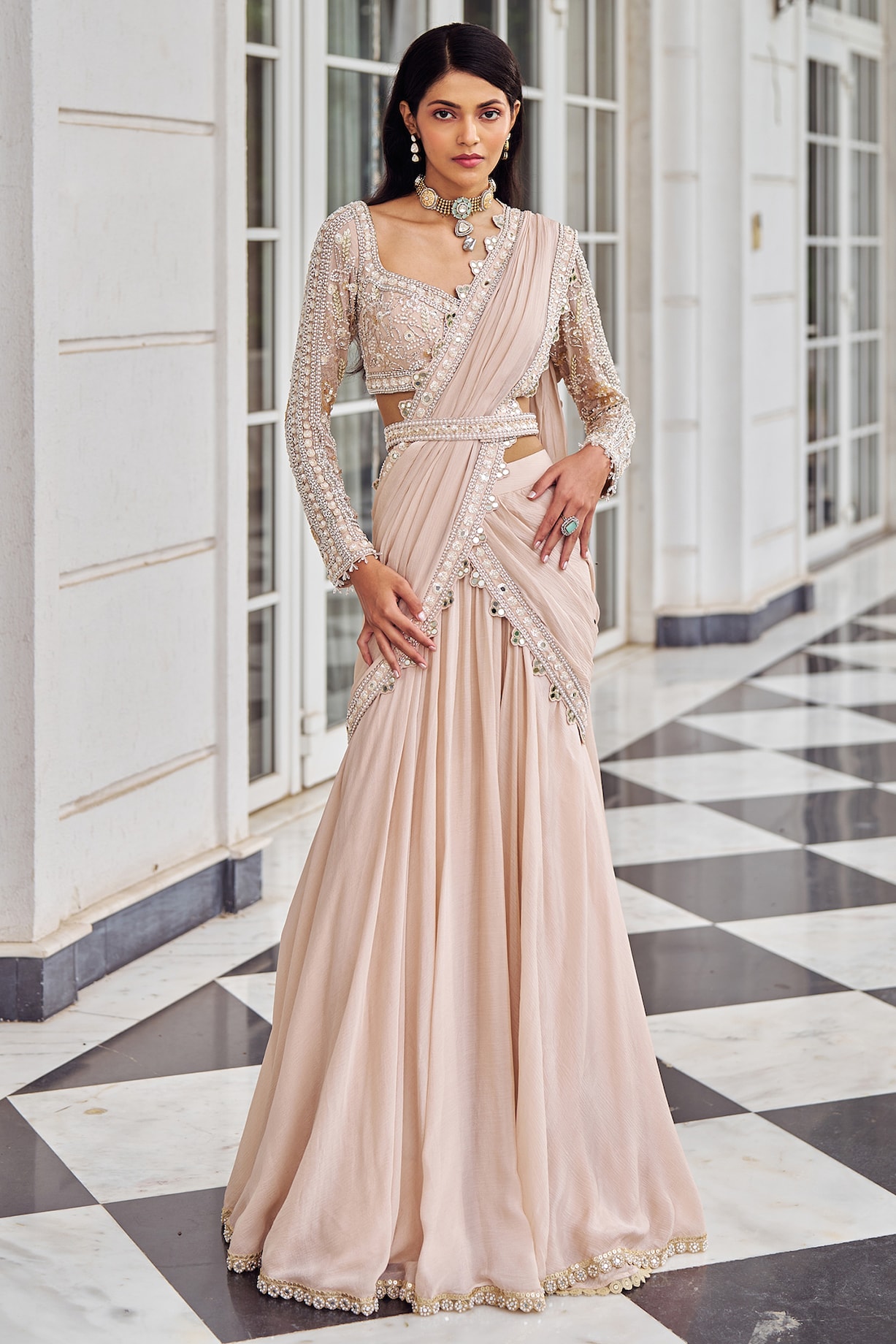 Rose Pink Chiffon Pearl Embroidered Draped Wedding Lehenga Saree Set by  Nidhika Shekhar at Pernia's Pop Up Shop 2026