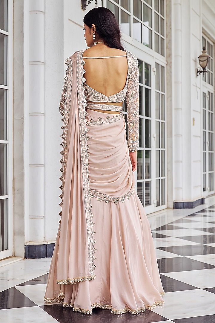 Rose Pink Chiffon Pearl Embroidered Draped Wedding Lehenga Saree Set by Nidhika Shekhar at Pernia's Pop Up Shop